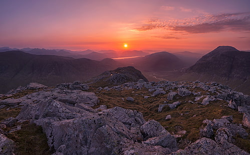Scotland Highland Sunset, Nature, Mountains, Sunrise, View, Travel, Beautiful, Scenery, Mountain, Scene, Dawn, Photography, Scotland, Outdoor, Wilderness, Highlands, Panoramic, Photo, united kingdom, panorama, Vacation, Scottish, places, visit, viewpoint, canon6d, westhighlands, buachailleetivemor, buachailleetivebeag, Buachaille Etive Beag, Buachaille Etive Mor, HD wallpaper HD wallpaper