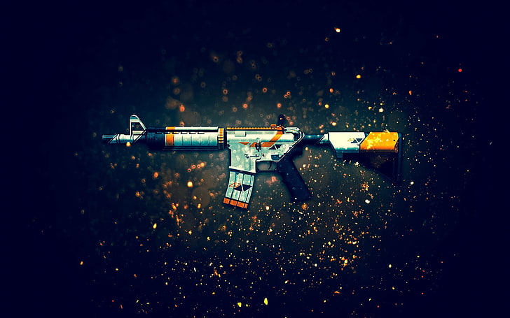 teal, orange, and black assault rifle illustration, weapons, background, rifle, assault, CS:GO, HD wallpaper