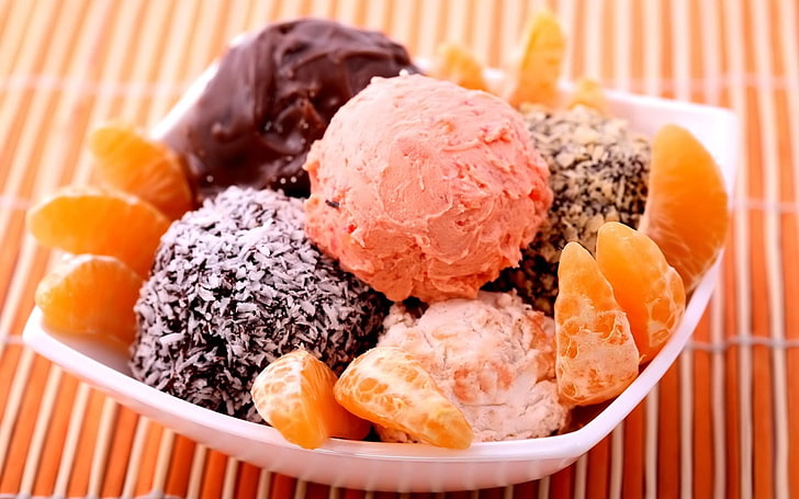 ice cream, ice-cream, allsorts, balls, tangerines, segments, HD wallpaper