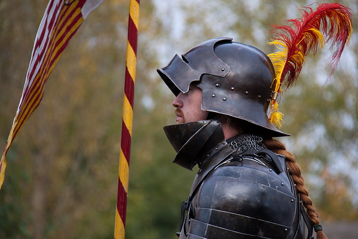 brown medieval helmet, metal, armor, feathers, helmet, knight, HD wallpaper