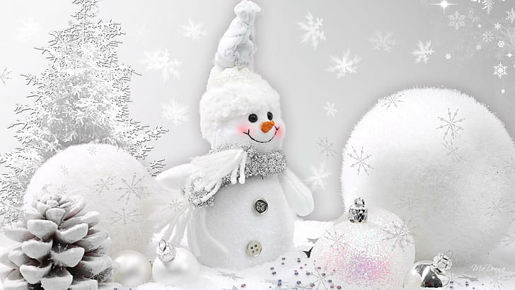 So Sweet Snowman, décorations, flocons de neige, Noël, blanc, éclat, froid, bonhomme de neige, pommes de pin, neige, boules de neige, Fond d'écran HD