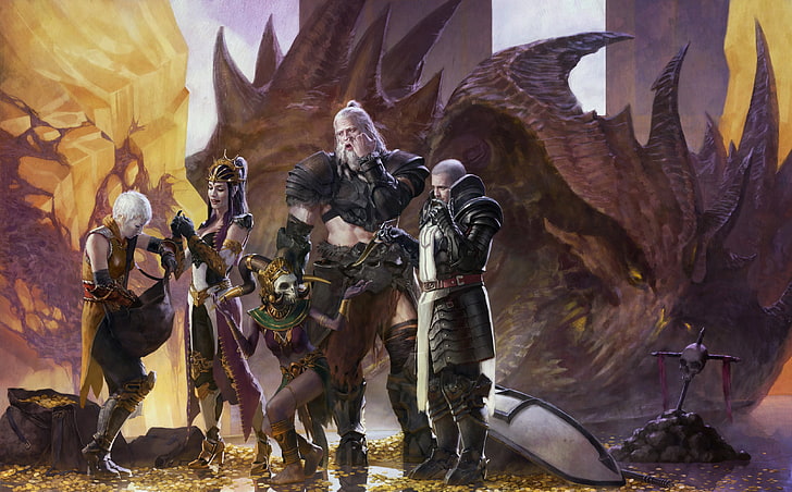two men and two women standing in front of dragon graphic wallpaper, Diablo 3, art, Witch Doctor, Barbarian, Monk, HD wallpaper