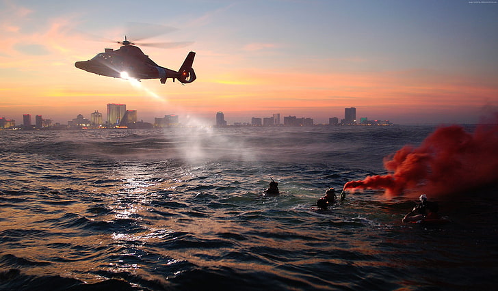 pelatihan, helikopter penyelamat, malam, penjaga pantai, laut, penyelamatan, MEDEVAC, Wallpaper HD
