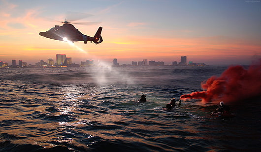 учебно-спасательный вертолет, ночь, береговая охрана, море, спасение, MEDEVAC, HD обои HD wallpaper