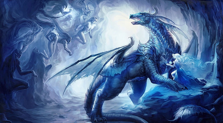 dragon, ice, women, fantasy art, HD wallpaper