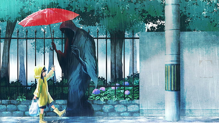 deszcz, śmierć, płaszcz przeciwdeszczowy, parasol, mała dziewczynka, Tapety HD