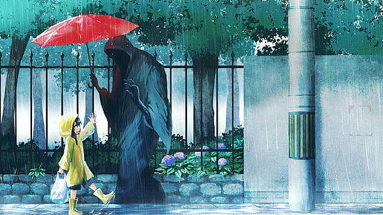 deszcz, śmierć, płaszcz przeciwdeszczowy, parasol, mała dziewczynka, Tapety HD HD wallpaper