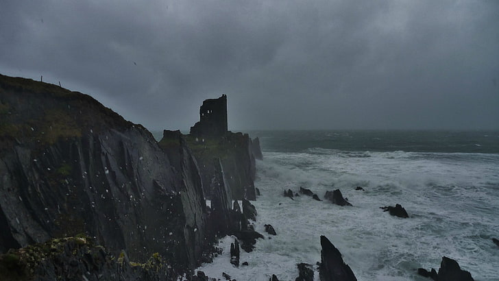 black rock formation, castle, Ireland, sea, abandoned, HD wallpaper