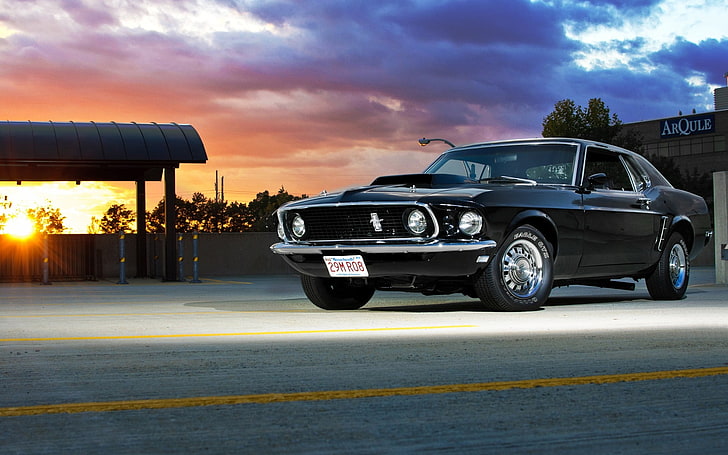 Ford Mustang 1969, negro, vista frontal, puesta de sol, clásico, coches, vehículo, Fondo de pantalla HD