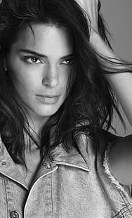 Kendall Jenner, wanita, model, rambut hitam, latar belakang sederhana, wajah, monokrom, Wallpaper HD HD wallpaper
