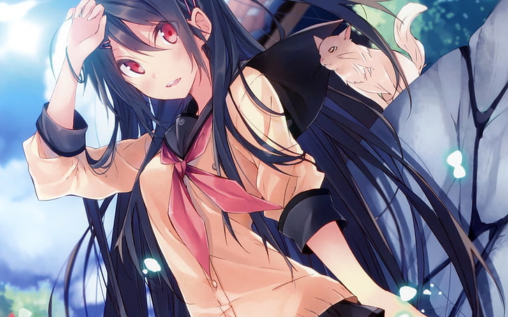 Anime Mädchen, Schuluniform, rote Augen, schwarze Haare, Anime, HD-Hintergrundbild
