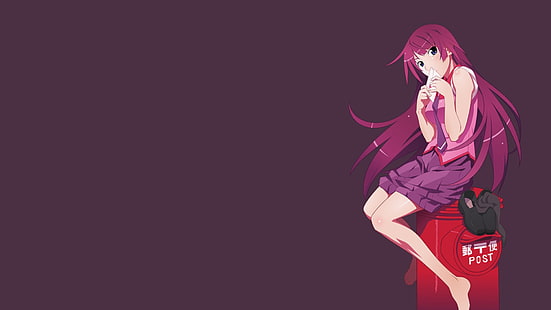 wallpaper anime wanita berambut merah muda, anime, gadis anime, latar belakang sederhana, Seri Monogatari, Senjougahara Hitagi, seragam sekolah, rambut ungu, mata biru, rambut panjang, latar belakang ungu, tanpa alas kaki, Wallpaper HD HD wallpaper