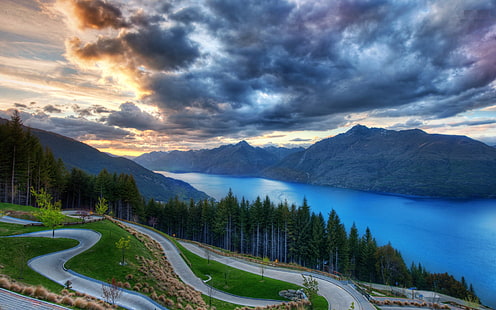 Pino Mountain Forest Lake Wakatipu Bendy Road del paesaggio della natura, Queenstown, Nuova Zelanda, Sfondo HD HD wallpaper