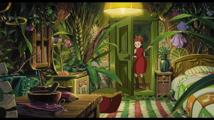 аниме, Arrietty, кровати, двери, цветы, интерьер, каригураши, растения, секрет, колоски, мир, HD обои