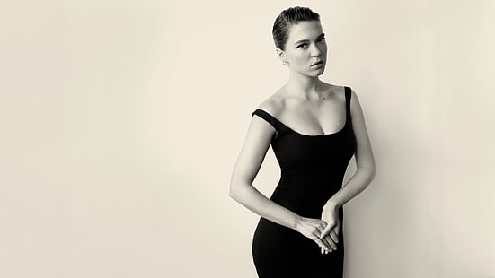damska sukienka bez rękawów, Léa Seydoux, aktorka, monochromatyczny, portret, sukienka, krótkie włosy, kobiety, proste tło, model, Tapety HD HD wallpaper