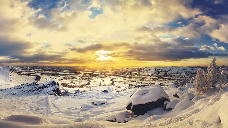 nature, winter, landscape, morning, outdoors, sunlight, cold, ice, snow, sky, clouds, HD wallpaper