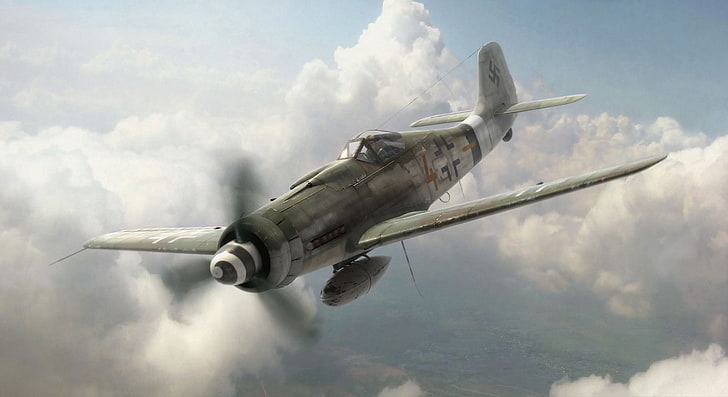 weißes und graues flugzeug, flugzeug, krieg, flugzeug, luftfahrt, ww2, dogfight, deutsches flugzeug, fw 190, HD-Hintergrundbild