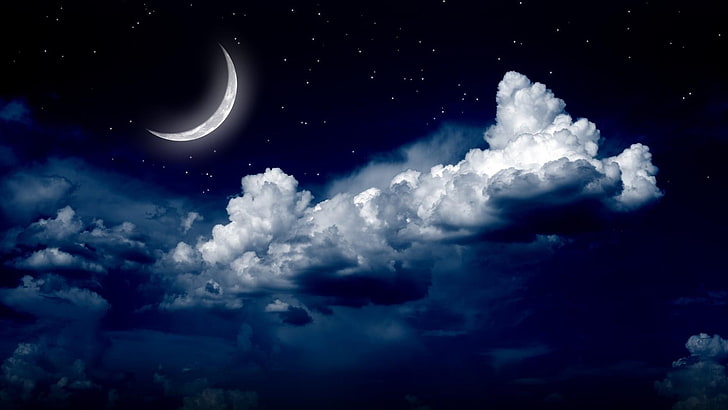 природа, лунный свет, луна, облака, звёзды, звездная ночь, ночное небо, звёзды, лунный свет, HD обои