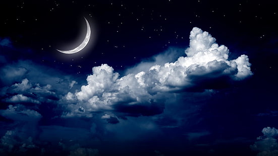 природа, лунна светлина, луна, облаци, звезди, звездна нощ, нощно небе, звезда, осветена от луната, HD тапет HD wallpaper