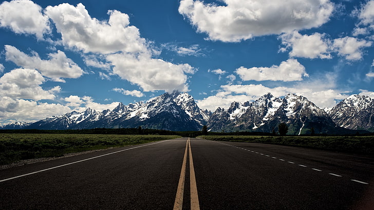 black asphalt road, nature, road, HDR, landscape, sky, mountains, clouds, HD wallpaper