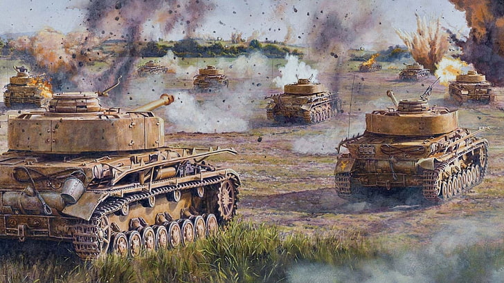 шесть коричневых танков живопись, поле, война, рисунок, искусство, A IV, наступление, Panzerkampfwagen IV, T ‑ IV, Pz.IV, немецкий средний танк во время Второй мировой войны, HD обои