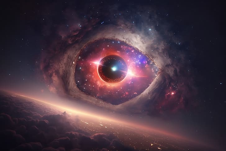 Kosmiczne oko, przestrzeń, wszechświat, gwiazdy, jasne, galaktyka, sztuka AI, cumulus, mgławica, oczy, Tapety HD