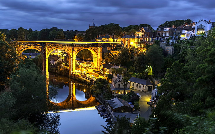 bridge, reflection, river, England, building, home, night city, viaduct, North Yorkshire, Knaresborough, River Nidd, Knaresborough Viaduct, HD wallpaper