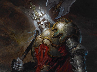 сива илюстрация на скелет с пълна броня, Diablo III, герои на бурята, крал Леорик, цар скелет, HD тапет HD wallpaper
