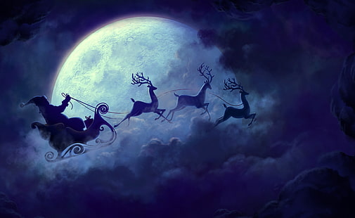 Papai Noel em seu trenó, Papai Noel andando no papel de parede do trenó, Feriados, Natal, Lua, Linda, À noite, Papai Noel, Nuvens, Papai Noel, Trenó, renas, HD papel de parede HD wallpaper