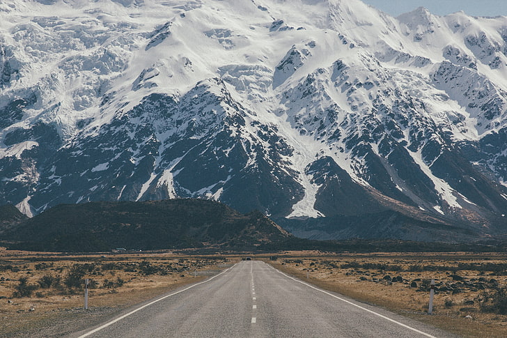 karpet area bunga hitam dan putih, alam, pegunungan, lanskap, jalan, Selandia Baru, Aoraki / Gunung Cook, Wallpaper HD