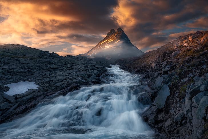 mountains, river, tops, Norway, The Scandinavian mountains, Jotunheimen, Scandinavian Mountains, HD wallpaper