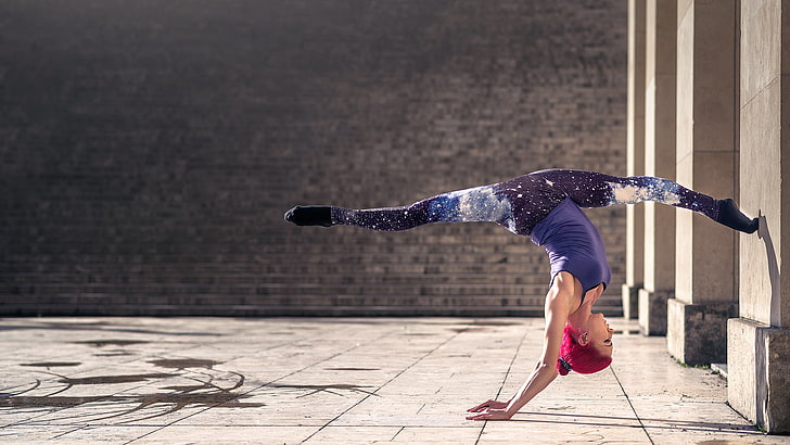 women's purple camisole top and galaxy print pants, grace, twine, stretching, gymnast, Quincy Azzario, HD wallpaper