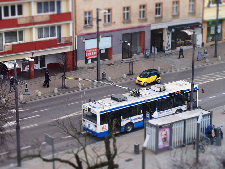 bus, bus stop, car, city, people, public transportation, road, street, vehicles, HD wallpaper