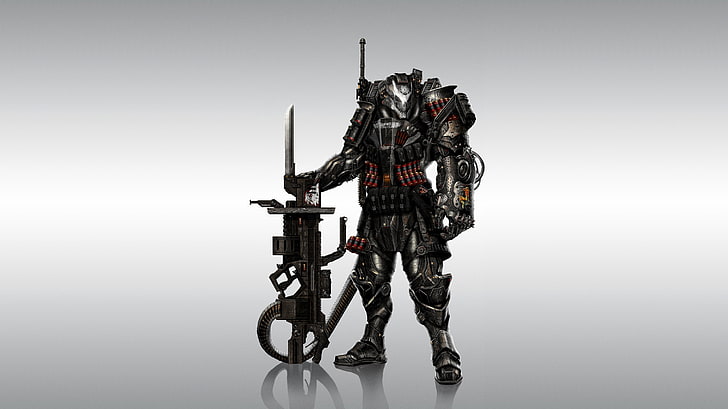 герой, носещ черно-сива броня дигитален тапет, оръжия, фон, войн, броня, Warhammer, 40k, фен арт, крилат череп, HD тапет