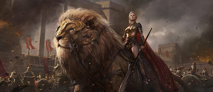 Fantasy, kobiety wojownik, zwierzę, dziewczyna, lew, włócznia, wojownik, kobieta wojownik, Tapety HD