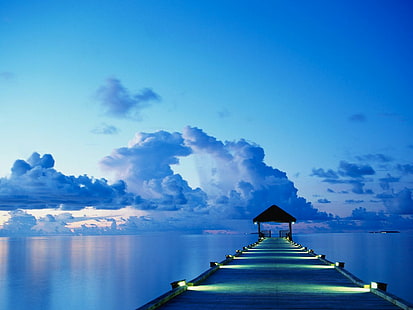 海、桟橋、穏やかな、シアン、夕方、雲、青、地平線、 HDデスクトップの壁紙 HD wallpaper