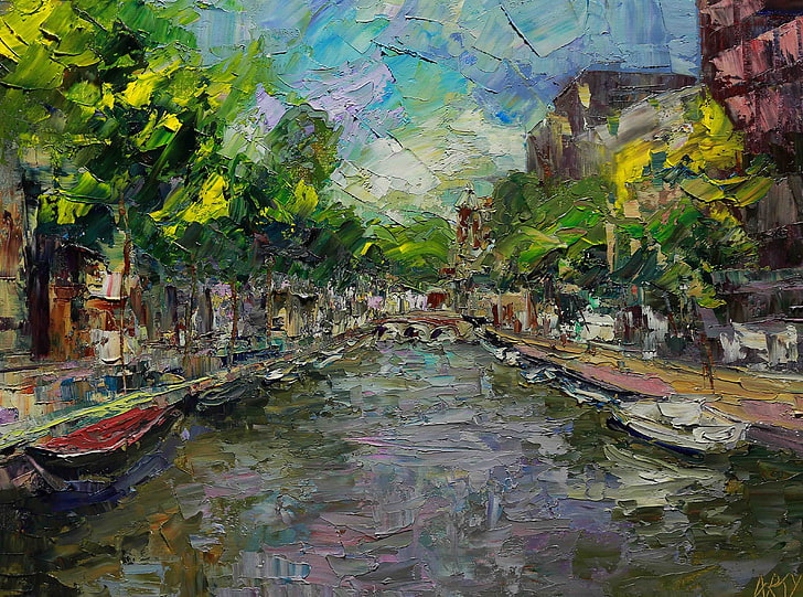 Амстердамска живопис, черна и червена лодка върху водната живопис, Художествена, Рисунки, Амстердам, маслена палетатекнифе, HD тапет