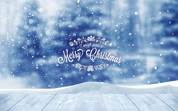 Frohe Weihnacht-Tapeten-, Blauer und Weißerhintergrund des Schneeweihnachts-2016 mit Textüberlagerung der frohen Weihnachten, HD-Hintergrundbild