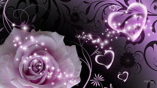 Lavender Rose Of Darkness, pink flower illustration, glitter, stars, flower, lavender, pink, swirls, sparkles, hearts, purple, rose, glow, nature and landsc, HD wallpaper HD wallpaper