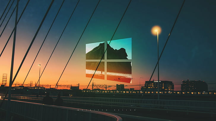 คนศิลปะดิจิตอล 2 มิติภาพถ่ายพระอาทิตย์ตกสัญญาณไฟจราจรสะพานท้องฟ้าเส้นเมืองเส้นถนน microsoft windows logo photoshop, วอลล์เปเปอร์ HD