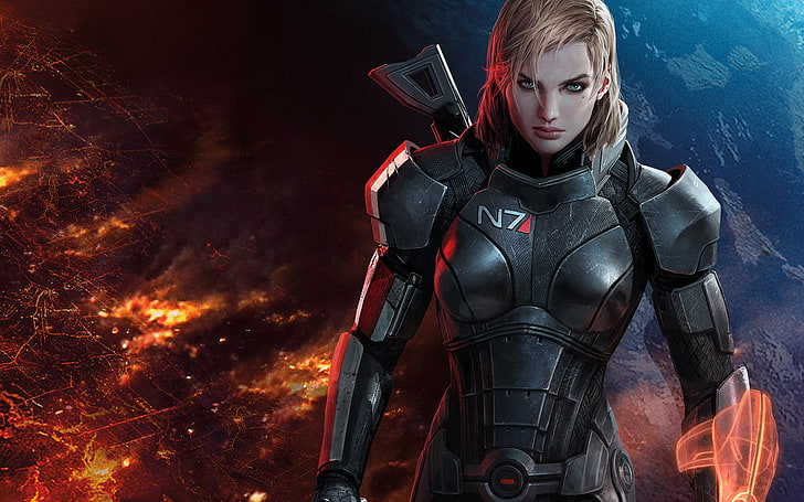 Mass Effect 3 Femshep ผู้หญิงในภาพประกอบชุดสูทสีดำเกม Mass Effect, วอลล์เปเปอร์ HD