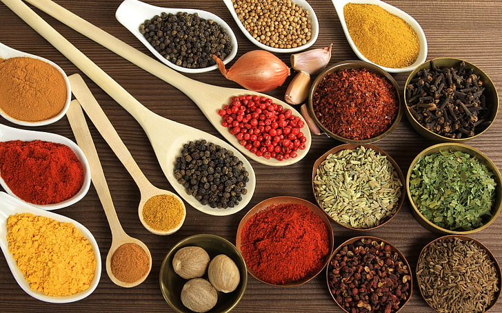 assorted spices with bowls, spices, dried, nuts, crockery, HD wallpaper