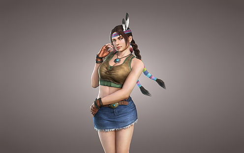 personaggio dei giochi donna dai capelli castani, ragazza, piume, trecce, sfondo chiaro, indiano, Julia Chang, Tekken, Sfondo HD HD wallpaper