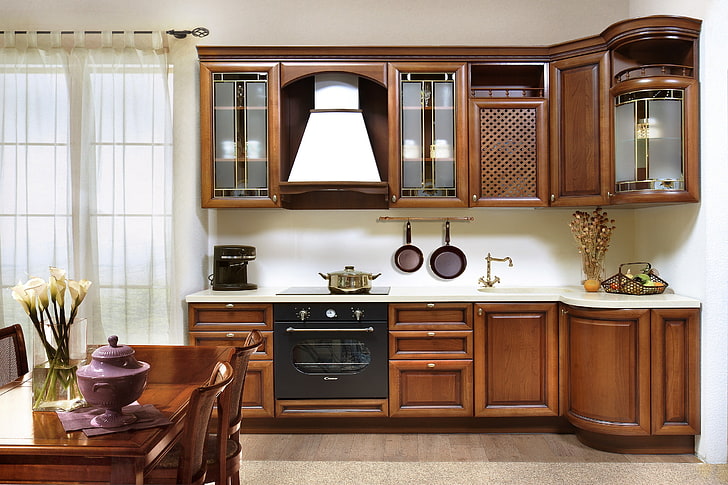 isola cucina in legno marrone, cucina, mobili, arredamento d'interni, Sfondo HD