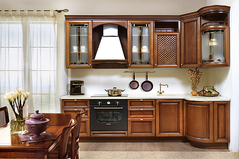 isla de cocina de madera marrón, cocina, muebles, diseño de interiores, Fondo de pantalla HD HD wallpaper