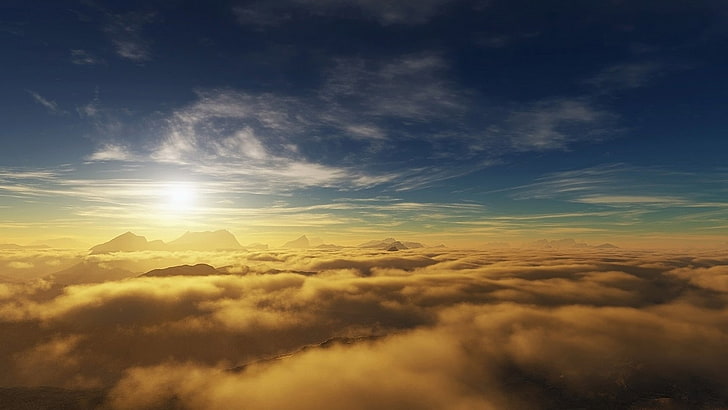 صورة عين الطيور من السحب ، المناظر الطبيعية ، غروب الشمس ، skyscape ، الغيوم ، الجبال، خلفية HD