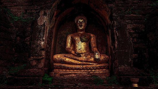gautama buddha, statue, ancient history, carving, buddhist, historic, temple, sculpture, stone carving, darkness, monument, religion, rock, buddha, siddhartha, HD wallpaper HD wallpaper