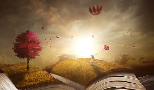 4K, jesień, dziewczyna, książka, sen, krajobraz, Tapety HD HD wallpaper