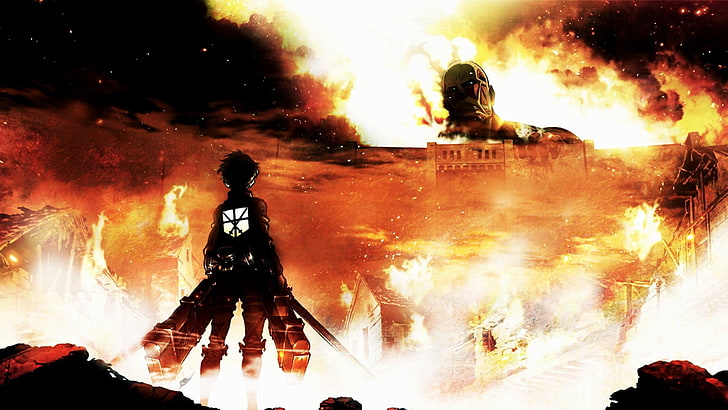 anime, Titán colosal, Eren Jeager, fuego, Shingeki No Kyojin, Fondo de pantalla HD