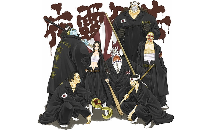 sekelompok karakter dalam jubah hitam wallpaper digital, One Piece, Boa Hancock, Dracule Mihawk, Crocodile (karakter), Jinbei, Donquixote Doflamingo, gadis anime, anak laki-laki anime, Wallpaper HD